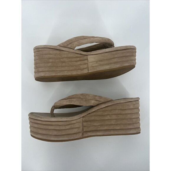 Veronica Beard Womens Size 8.5 Geno Cork Wedge Slide Sandals Tan Suede Thong - Picture 9 of 12